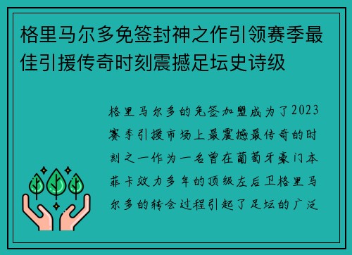 格里马尔多免签封神之作引领赛季最佳引援传奇时刻震撼足坛史诗级
